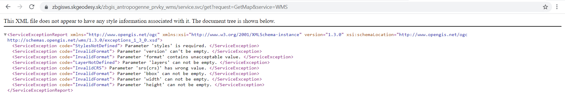 XML odpoveď po zadaní GetMap
